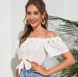 Knot Hem Button Front Schiffy Bardot Top